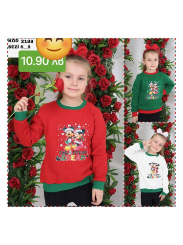 Коледна ватирана блуза за момиче в червено с дълъг ръкав с коледни мот