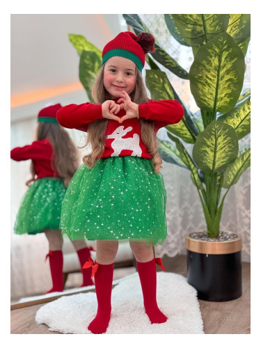 Коледен комплект от 4 части от блуза с елен в червено, пола в зелено т