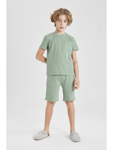 DEFACTO Boy's Waffle Short Sleeve Pajama Set with Shorts