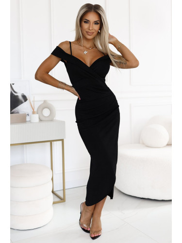 564-3 CALLIE Midi dress with open shoulders and neckline - BLACK