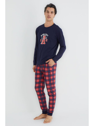 Trendyol Navy Blue Regular Fit Plaid Knitted Pajamas Set