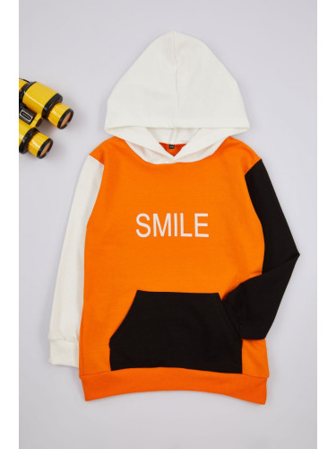 Trendyol Orange Boy's Hooded Color Block Cotton Knit Sweatshirt