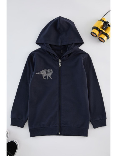 Trendyol Navy Blue Boy Printed Hooded Zippered Cotton Knitted Cardigan