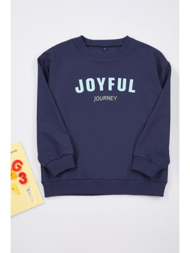 Trendyol Navy Blue Boy's Slogan Printed Crew Neck Knitted Sweatshirt