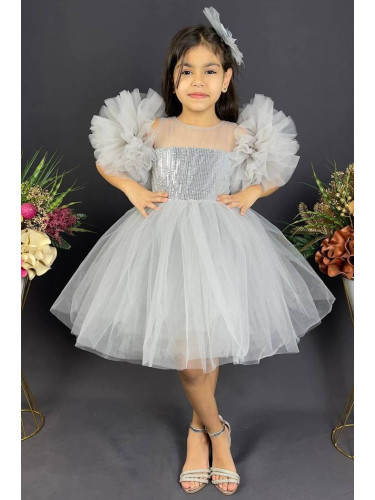Официална сивоа детска рокля Блян Сивинас богат тюл в сребристо с бля
