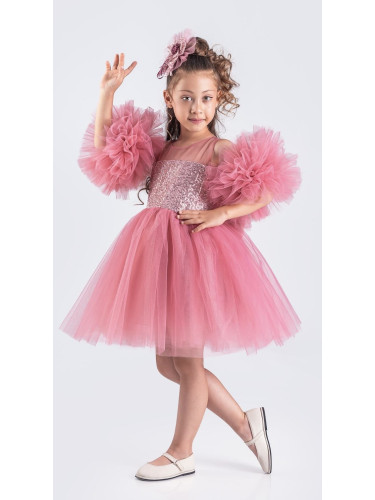 Официална детска рокля Блян с тюл с пайети и помпони в цвят корал с па