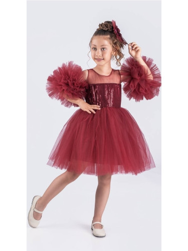 Детска официална рокля Блян с богат тюл в бордо с пайети и панделка за