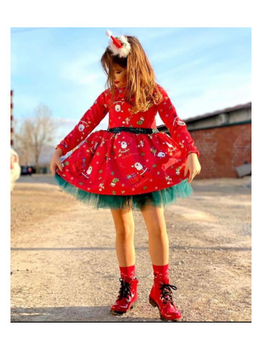 Детска коледна рокля с дълъг ръкав в червено с коледна диадема и зелен