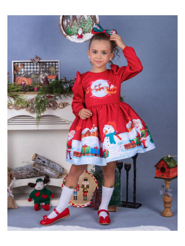 Коледна детска рокля с дълъг ръкав в червено с коледни мотиви и пандел