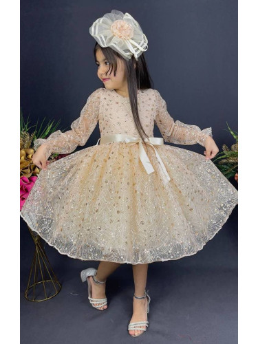 Официална детска рокля с ръкав Сабрина - от тюл и дантела с блясък и ф
