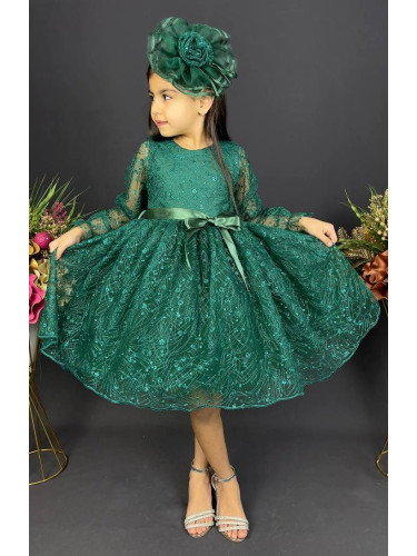 Официална детска рокля с ръкав Сабрина - от тюл и дантела с блясък и ф