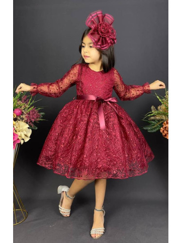 Официална детска рокля с ръкав Сабрина - от тюл и дантела с блясък и ф