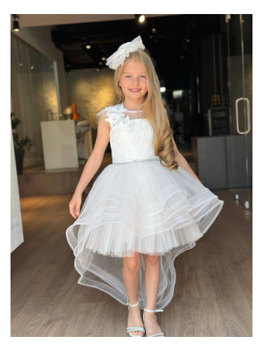 Официална детска рокля в бяло от дантела без ръкав със шлейф Шантал с 