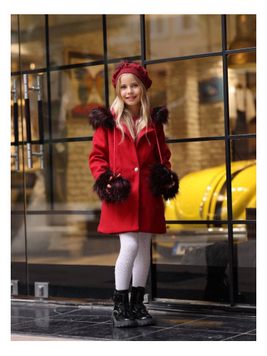 Комплект за момиче от 3 части - палто с пухкави елементи, рокля и шапк