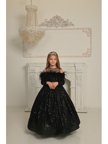 Официална детска дълга рокля в черно Шери с дълъг ръкав от колекция Че