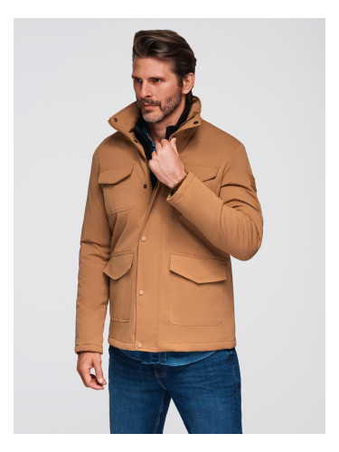 Ombre Men's lightweight jacket with pockets and high collar - brown