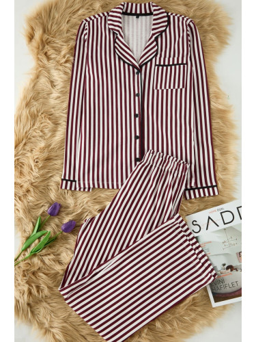 Trendyol Claret Red 100% Cotton Striped Piping Detailed Knitted Pajama Set