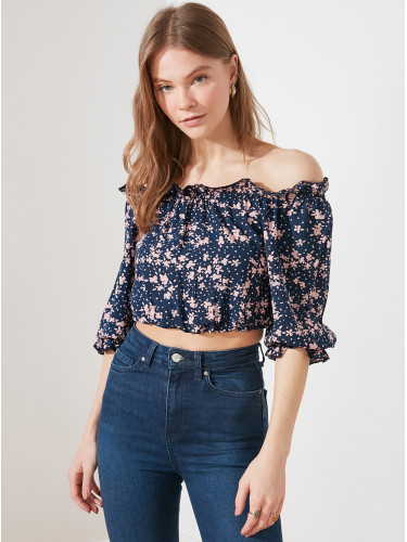 Dark Blue Floral Short Blouse with Off Shoulders Trendyol - Women