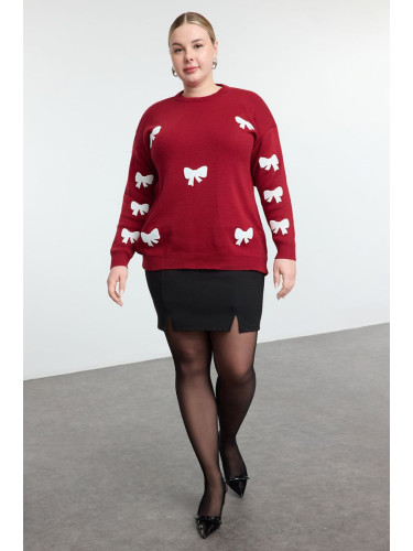 Trendyol Curve Burgundy Ribbon/Bow Embroidered Knitwear Sweater