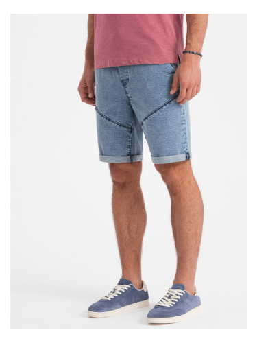 Ombre Turn-up denim men's short shorts with stitching - light blue