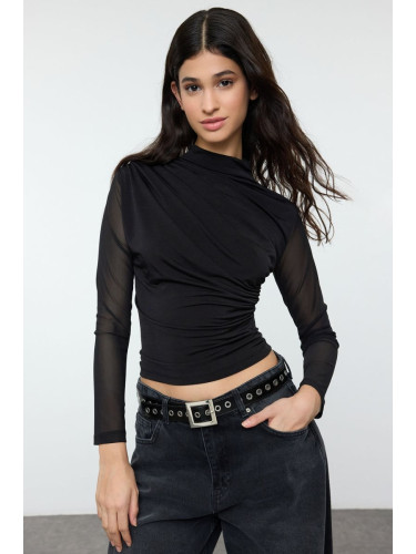 Trendyol Black Fitted/Fits the Body Tulle Sleeve Stand Collar Flexible Knitted Blouse