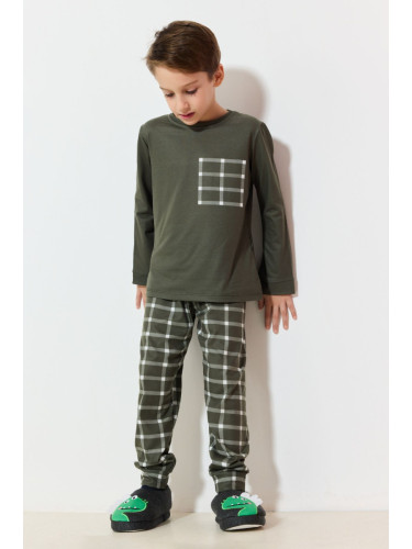 Trendyol Khaki Boy Plaid / Checkered Pajama Set Knitted Top-Bottom Set