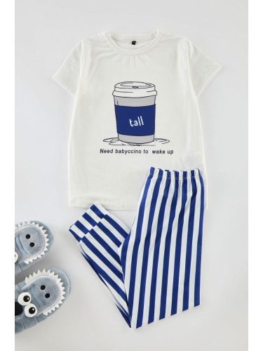 Trendyol Navy Blue Boy Striped Printed Pajama Set Cotton Knitted Top-Bottom Set