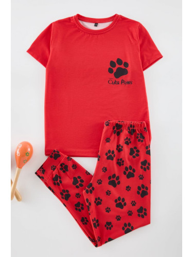 Trendyol Red Boy Printed Pajama Set Cotton Knitted Top-Bottom Set