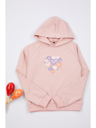 Trendyol Dusty Rose Girl Heart Patterned Hooded Knitted Sweatshirt