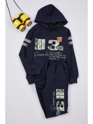 Trendyol Navy Blue Boy Seasonal-Thin Hooded Slogan Printed Knitted Bottom-Top Set