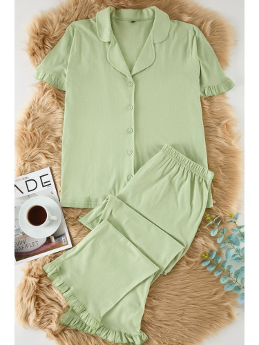 Trendyol Curve Mint Ruffle Sleeve Shirt Collar Knitted Pajama Set TBBAW25AI00090