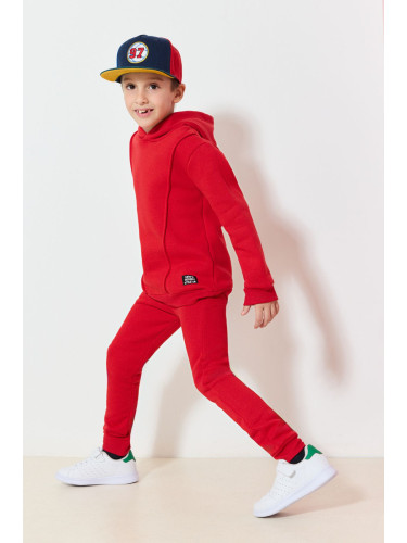 Trendyol Red Boy's Hooded Basic Plain Cotton Knitted Bottom-Top Set