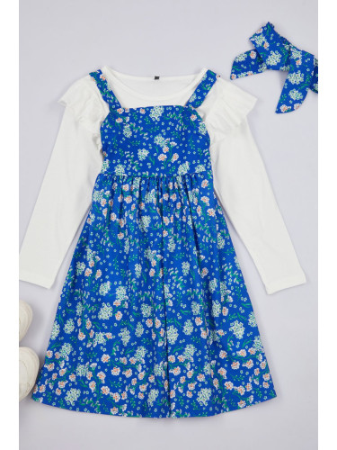 Trendyol Navy Blue 3-Piece Girl Floral Patterned Bandana Knitted Dress