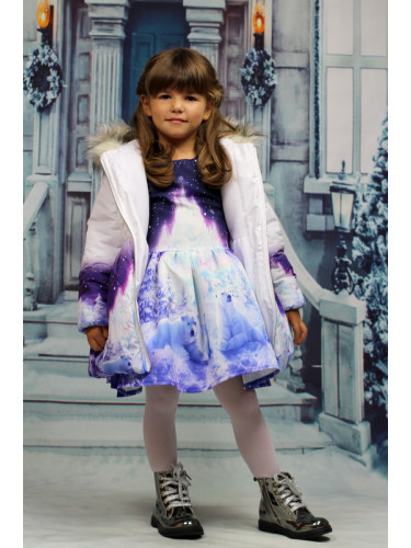 Комплект от детска рокля с шушлеково зимно яке с качулка с бели мечета