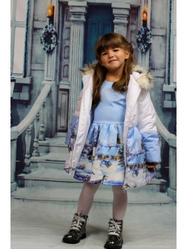 Комплект от детска рокля с шушлеково зимно яке с качулка със снежна ка