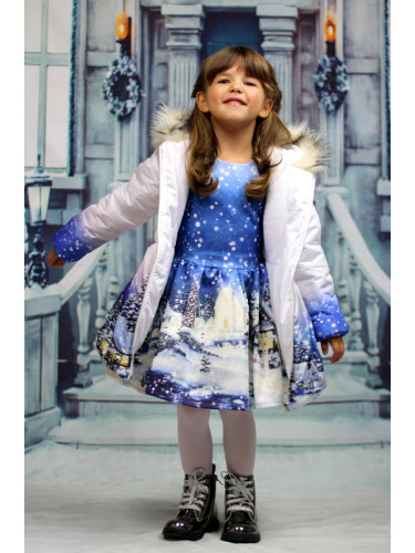 Комплект от шушлеково зимно яке с качулка и рокля със зимна картинка С