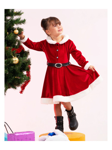 Детска коледна рокля с дълъг ръкав в червено от плюш с бяла пухкава як