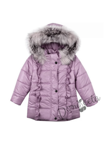 Детско ватирано зимно яке с къдрички за момиче с качулка в цвят пепел 