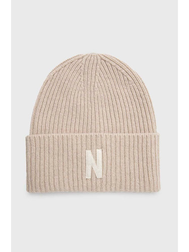 Вълнена шапка Norse Projects Merino Lambswool Rib N Logo Beanie в бежово от вълна N95.0953.2064