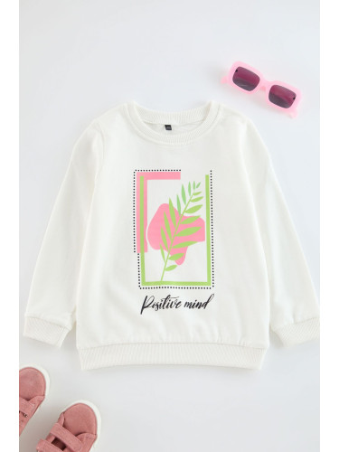 Trendyol Ecru Girl Printed Crew Neck Cotton Knitted Sweatshirt