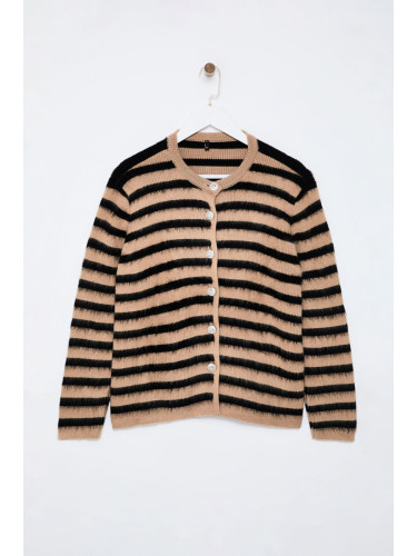 Trendyol Curve Camel Soft Texture Striped Knit Cardigan