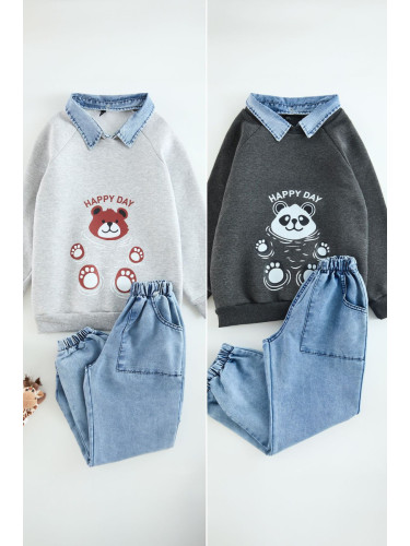 Trendyol Anthracite-Grey 4-Piece Boy Printed Cotton Knitted Bottom-Top Set