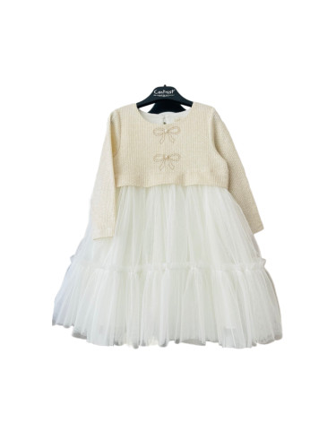 Детска официална рокля с перли и тюл Contrast в екрю
