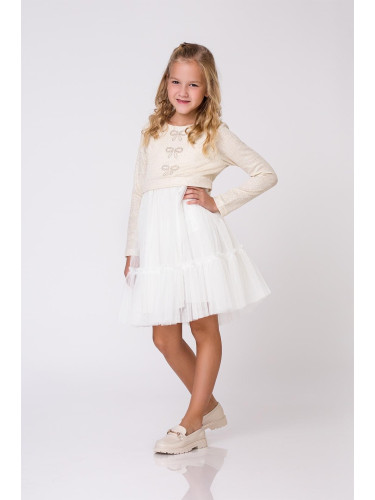 Официална детска рокля с перли и тюл в екрю Ная