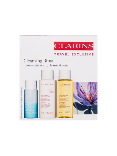 Clarins Cleansing Ritual Подаръчен комплект тоник за лице Hydrating Toning Lotion 50 ml + почистващ лосион за лице Velvet Cleansing Milk 50 ml + демакиант за очи Instant Eye Make-Up Remover 30 ml