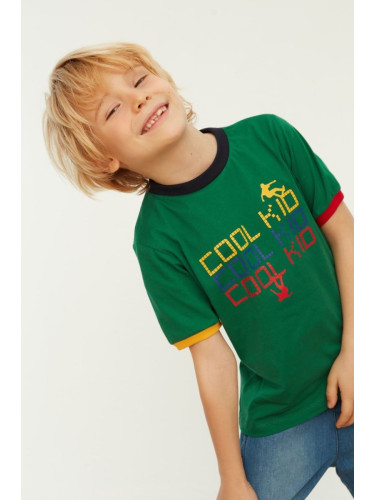 Trendyol Green Boy Color Block Slogan Patterned Crew Neck Knitted T-Shirt