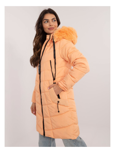 Light orange quilted winter jacket with fur