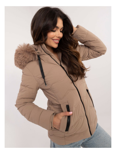 Beige quilted transitional jacket with fur