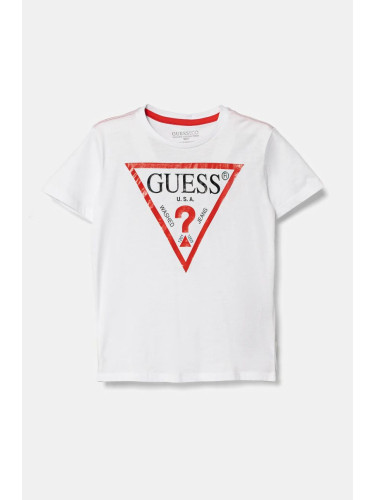 Детска памучна тениска Guess в бяло с принт N73I55 K8HM0