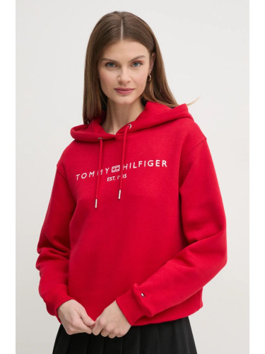 Суичър Tommy Hilfiger в червено с качулка с апликация WW0WW43598